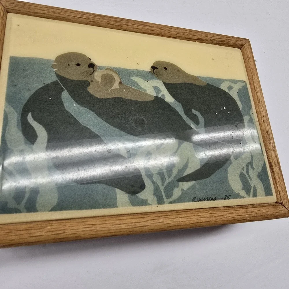 Otters Art Tile Wood Trinket Box Velvet Lined Oak Jewelry 5